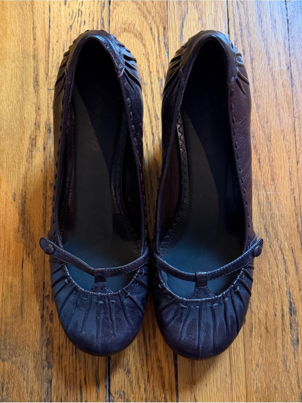 Women’s Brown Leather Round Toe Mary Janes Wedge Heels